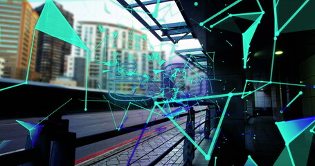 Displaying translucent digital network overlay above walkway, with metal railing and red curb