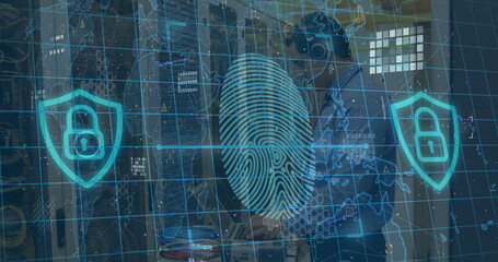 Projecting holographic fingerprint floating over data center, with shield locks and server racks