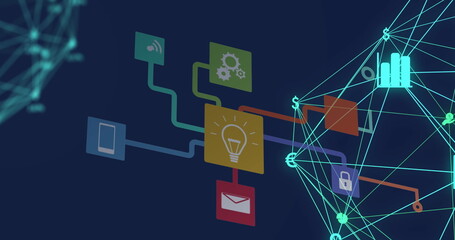 Displaying mesh view growing in digital space, with gear light bulb envelope and smartphone icons