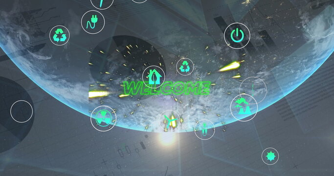 Displaying Earth under glowing green WELCOME text over holographic interface, with eco icons