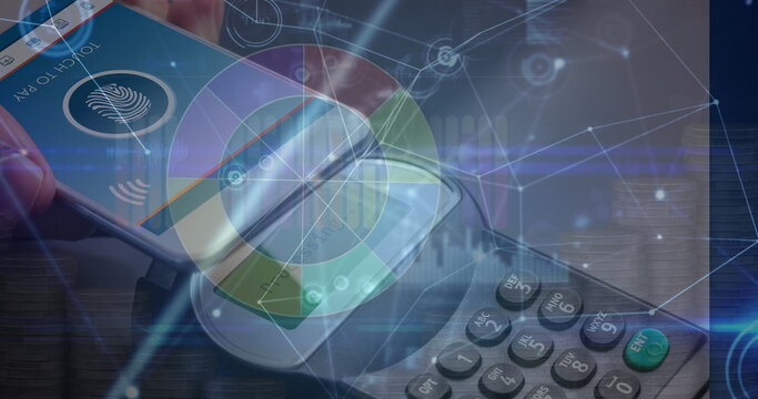 Tapping phone paying at checkout, with fingerprint icon, interface, holographic overlay and coins