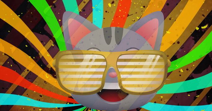 Fototapeta Cartoon cat head wearing oversized slatted sunglasses in illustration with colorful rays, splatter