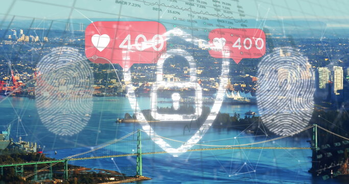 Displaying shield padlock icon over bridge view, showing fingerprints, social stats, market data