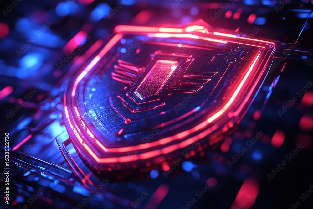 Poster cybersecurity shield symbol illuminated in vibrant red and blue, representing protection in digital 