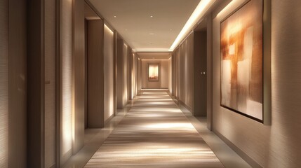 Elegant hotel corridor with warm lighting and modern artwork on walls in a luxurious interior setting