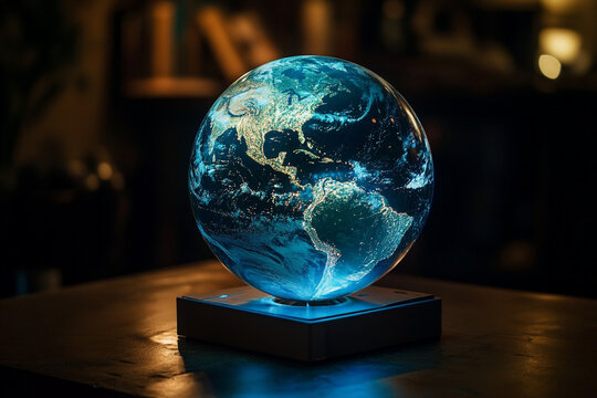 A glowing hologram of planet Earth projected in a dark futuristic room