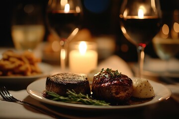 Dinner setting with seafood dish, elegant tableware, and twinkling lights at a restaurant during a warm evening in spring