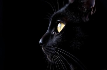 Close-up, profile of a black cat with amber eyes on a black background, low key photography
