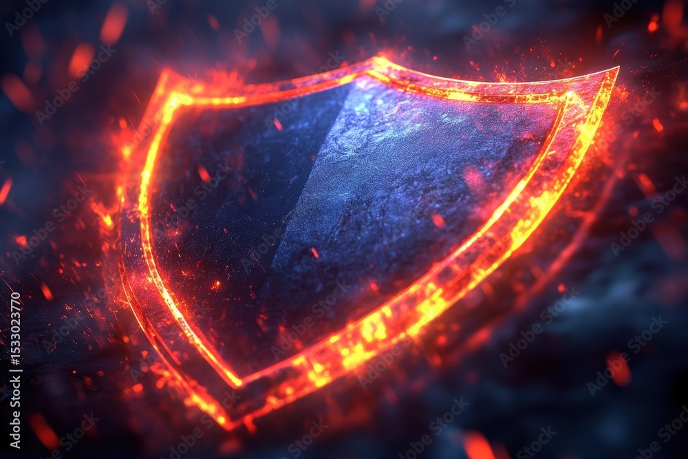 Poster cybersecurity shield symbol illuminated in vibrant red and blue, representing protection in digital 