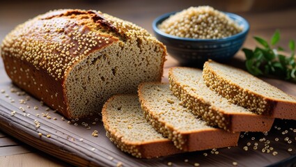 A freshly baked loaf of quinoa bread with a crust dusted in grains and a dense, seed-speckled interior. Uncooked quinoa and herbs nearby emphasize its wholesome, nutritious origin