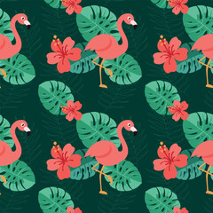 Obraz premium seamless pattern with flowers and birds. Tropical summer pattern with flamingos and monstera leaves on a yellow backgroubd 