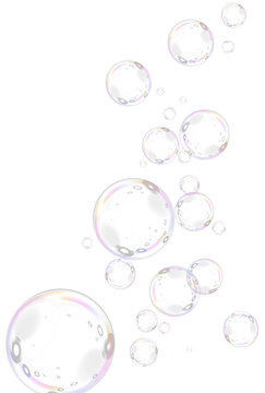 Realistic soap vector bubbles png isolated on transparent background. The effect of falling and flying bubbles. Glass bubble effect.	
