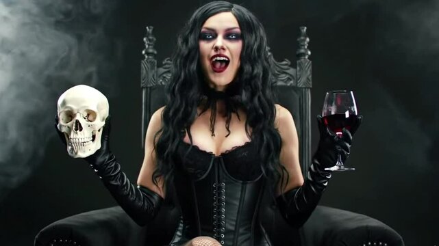 beautiful gothic queen in a black crown and fantasy costume on a throne for Halloween