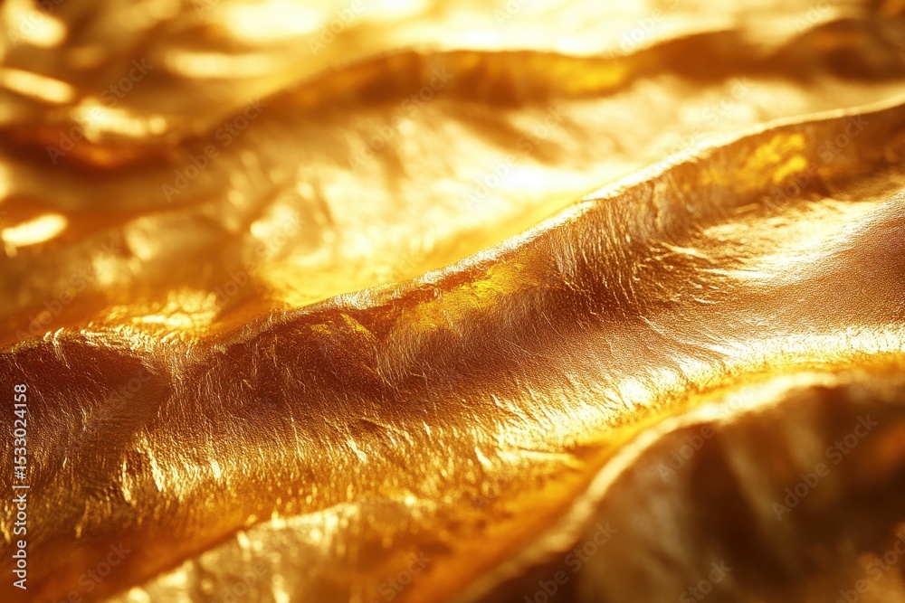 Poster shimmering golden fabric folds catching light, creating a luxurious and vibrant texture in a close-u