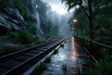 Fototapeta premium Scenic railway track lined with trees and a waterfall in a misty forest setting
