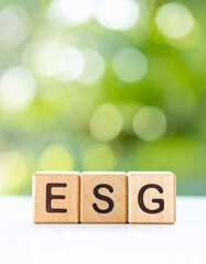 Wooden cubes with abbreviation ESG. Environmental, Social, Governance. Natural green backdrop.