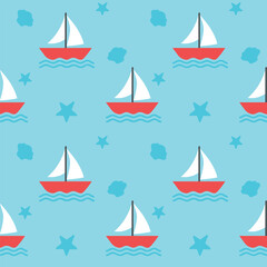 Seamless marine pattern with boats at sea. Cute simple children's drawing for design