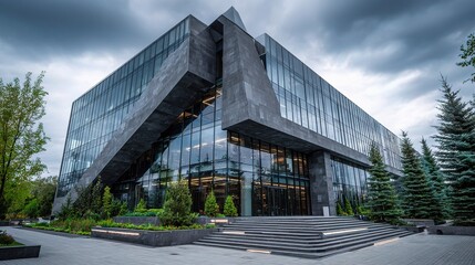 Obraz premium Modern Angular Office Building with Landscape Elements