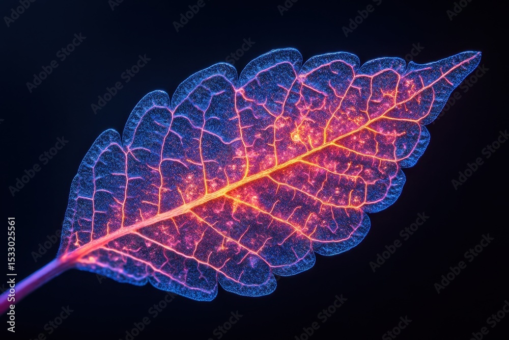 Aufkleber intricate details of a leaf illuminated in vibrant colors against a dark background showcasing natur