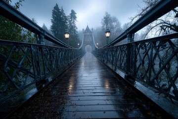 Fototapeta premium Foggy bridge leads to a mysterious castle in the early morning dawn