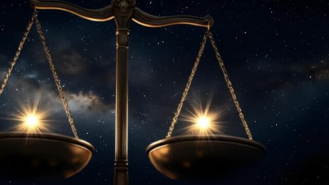 Ancient scales of justice against a backdrop of a starlit night sky, balanced and illuminated by celestial light sources