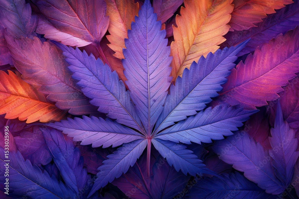 Poster intricate details of a leaf illuminated in vibrant colors against a dark background showcasing natur