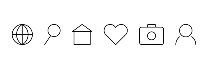 Set of six black line interface icons including globe, search, home, heart, camera, and user. Flat vector template for web, mobile, or app design
