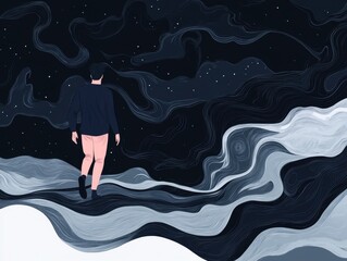 A man is walking on the ground, surrounded by black and white waves of water, wearing dark blue long sleeves with pink pants underneath Generative AI