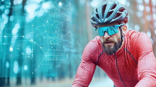 A bearded cyclist in a red jacket and helmet rides through a forest, wearing reflective sunglasses with a digital network overlay in the background. - Powered by Adobe
