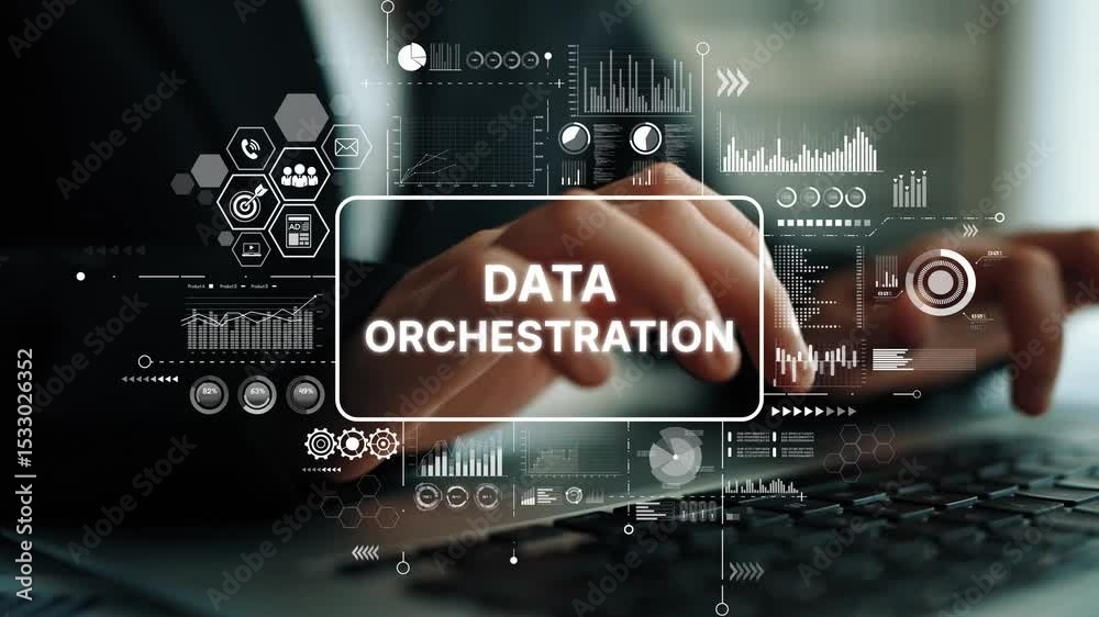 Poster data orchestration concept with hands on keyboard and digital graphics for business and technology a