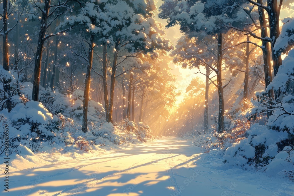 Poster winter landscape with sun setting through snow-covered trees in a tranquil forest at dusk