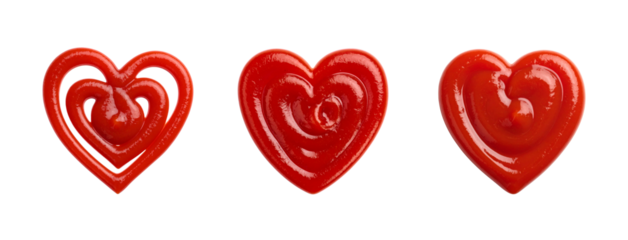 Three heart-shaped ketchup splatters, each uniquely formed, isolated on a transparent background; PNG format