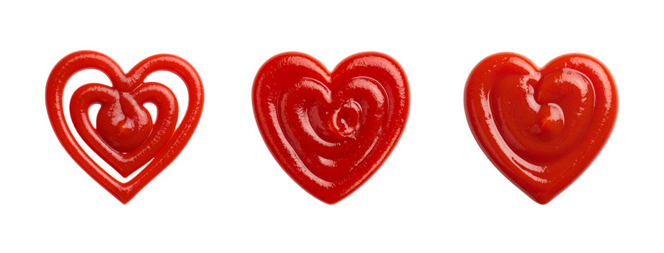 Three heart-shaped ketchup splatters, each uniquely formed, isolated on a transparent background; PNG format