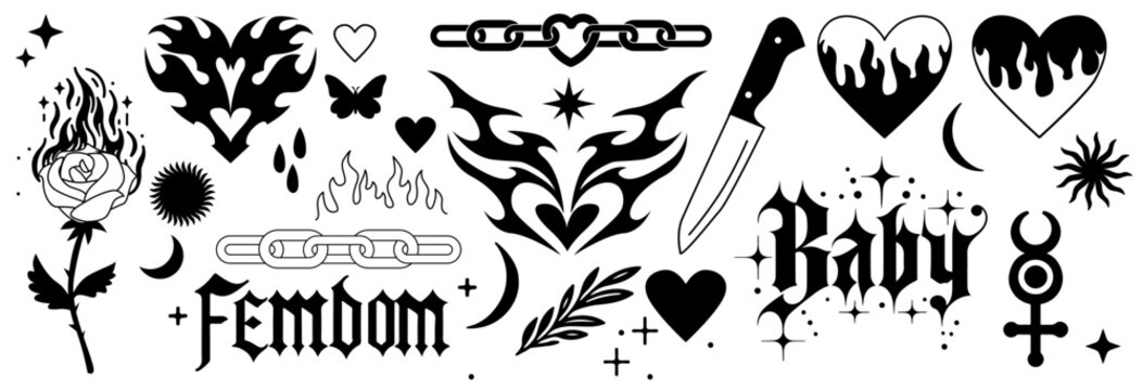 Tattoo vector elements set in 1990s - 2000s style. Rose, butterfly, gothic inscriptions, fire flame, chain, heart and other elements in trendy hand drawn style.
