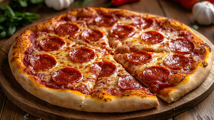 Pepperoni pizza on wooden board, kitchen table, ingredients background, ready to eat