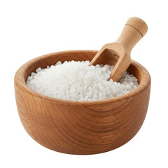 Pure natural sea salt in wooden bowl and wooden spoon isolated on transparent background, PNG 