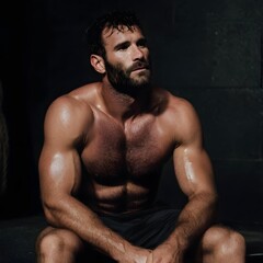 A muscular man resting and breathing heavily between sets