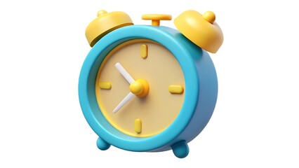 Cartoon illustration of a blue and yellow alarm clock on a white background concept of time