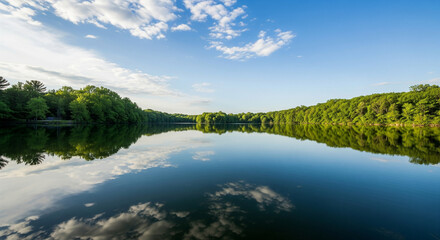 Calm lake reflecting blue sky and trees during clear weather in natural outdoor setting