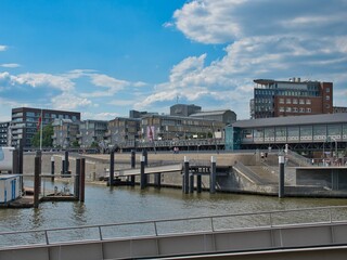 Aerial view of Hamburg inland port with the Elbphilharmonie in the background