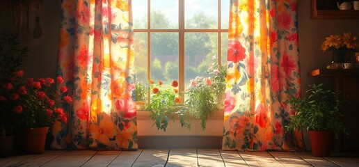 A sun-drenched room with floral curtains and potted plants
