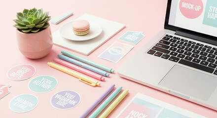 Laptop, stationery, and a cupcake arranged on a pink background, creating a vibrant and playful workspace scene.