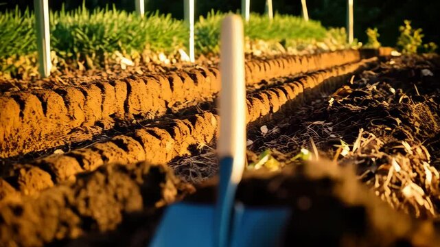 Close-up of a shovel in a garden, with soil, sunlight and a freshly dug row for planting vegetables