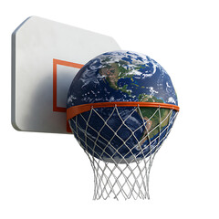 Earth as Basketball in Hoop Symbolizing Global Sports on Transparent Background


