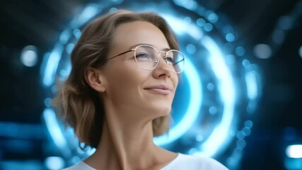 A woman interacts with digital data charts in a futuristic augmented reality setting. - Powered by Adobe