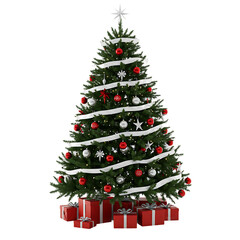 Christmas Tree with Silver and Red Decorations Isolated on Transparent Background


