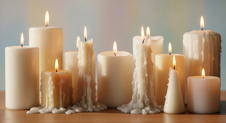 Candles with melted wax sit on a rustic wooden table, creating a warm and inviting atmosphere.