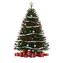 Decorated Christmas Tree with Red Gifts on Transparent Background

