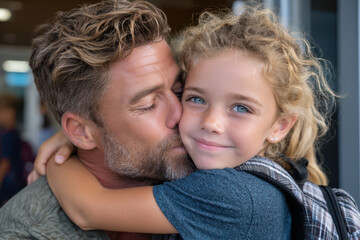 Fototapeta premium Father and daughter share a joyful moment at the airport before parting ways