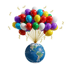 Planet Earth Lifted by Colorful Balloons on Transparent Background


